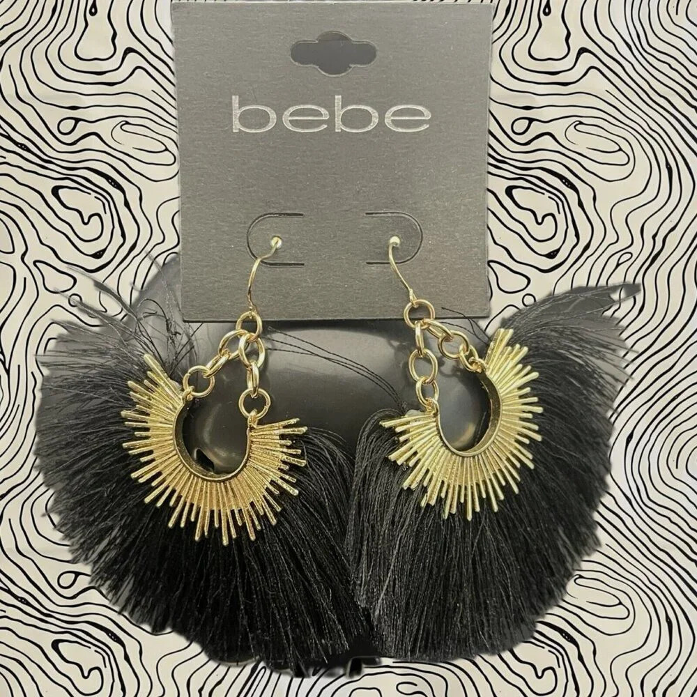 Bebe Large Black Fringe Fan Gold-Tone Sunburst Accent Drop Shepard Hook Earrings